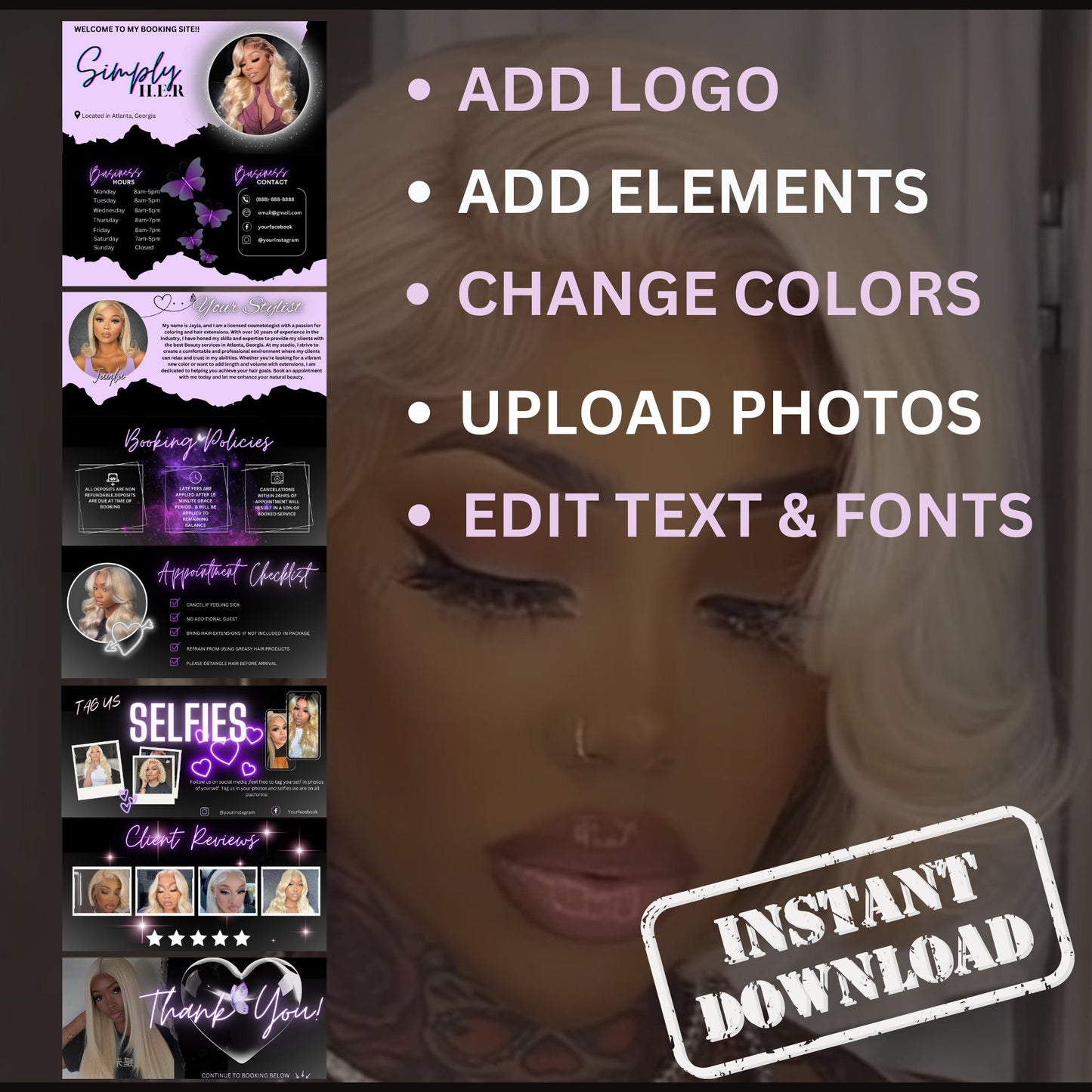 Acuity Template Lash Tech Branding Scheduling Template For  Hair Stylist Purple And Black  Glam Website  Nail Tech Acuity Estetician Acuity