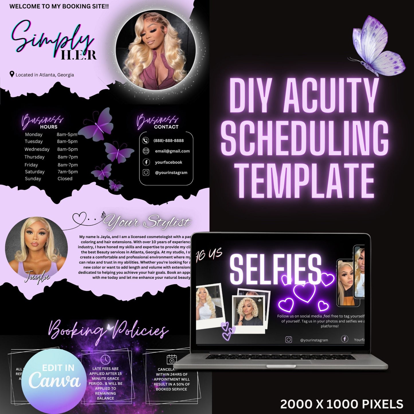 Acuity Template Lash Tech Branding Scheduling Template For  Hair Stylist Purple And Black  Glam Website  Nail Tech Acuity Estetician Acuity