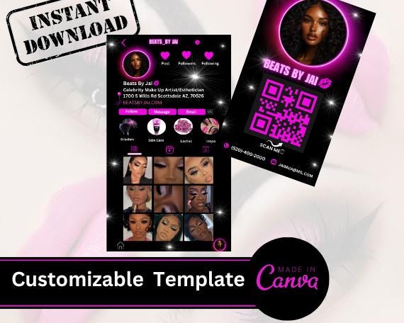 DIY Editable Business Card Template Instagram Business Card, IG  Beauty Business Card, Make Up Artist  , QR code Business Card, Lash Tech